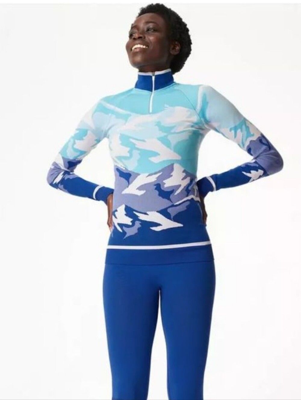Sweaty Betty Mountain Ski Base Layer Top Slim Compression Zip Neck Blue White M